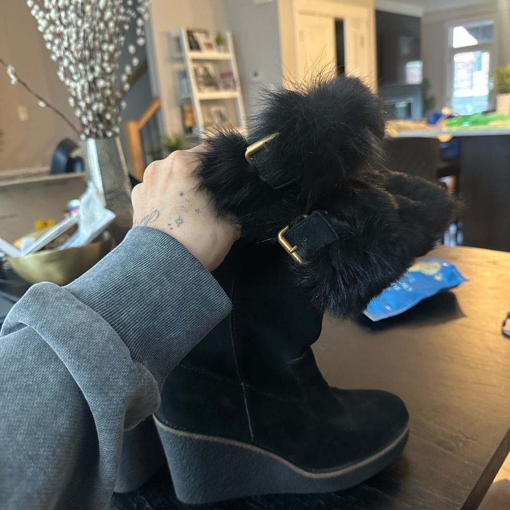 UGG Black Suede Wedge Boots with Fur Trim - Picture 3 of 4